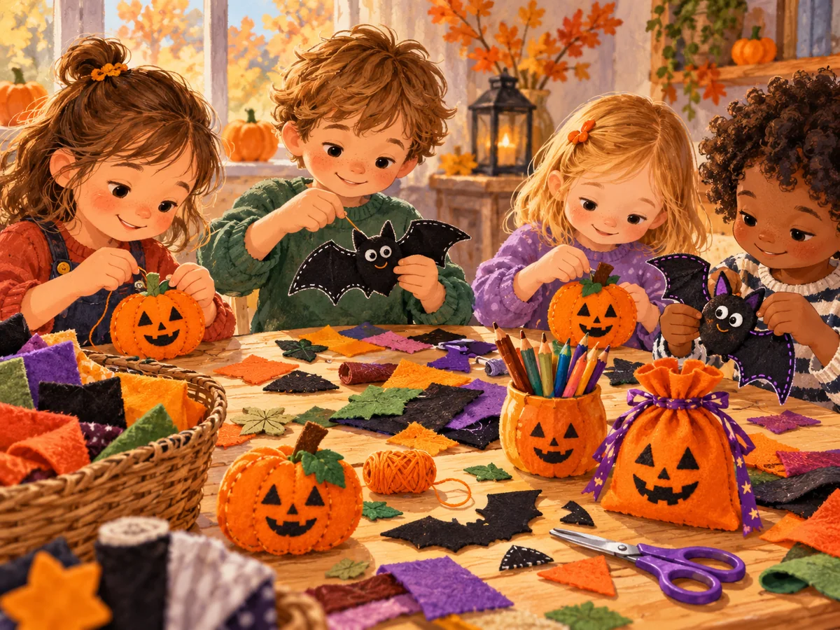 Illustration d’enfants créant des décorations textiles de citrouilles et de chauves-souris