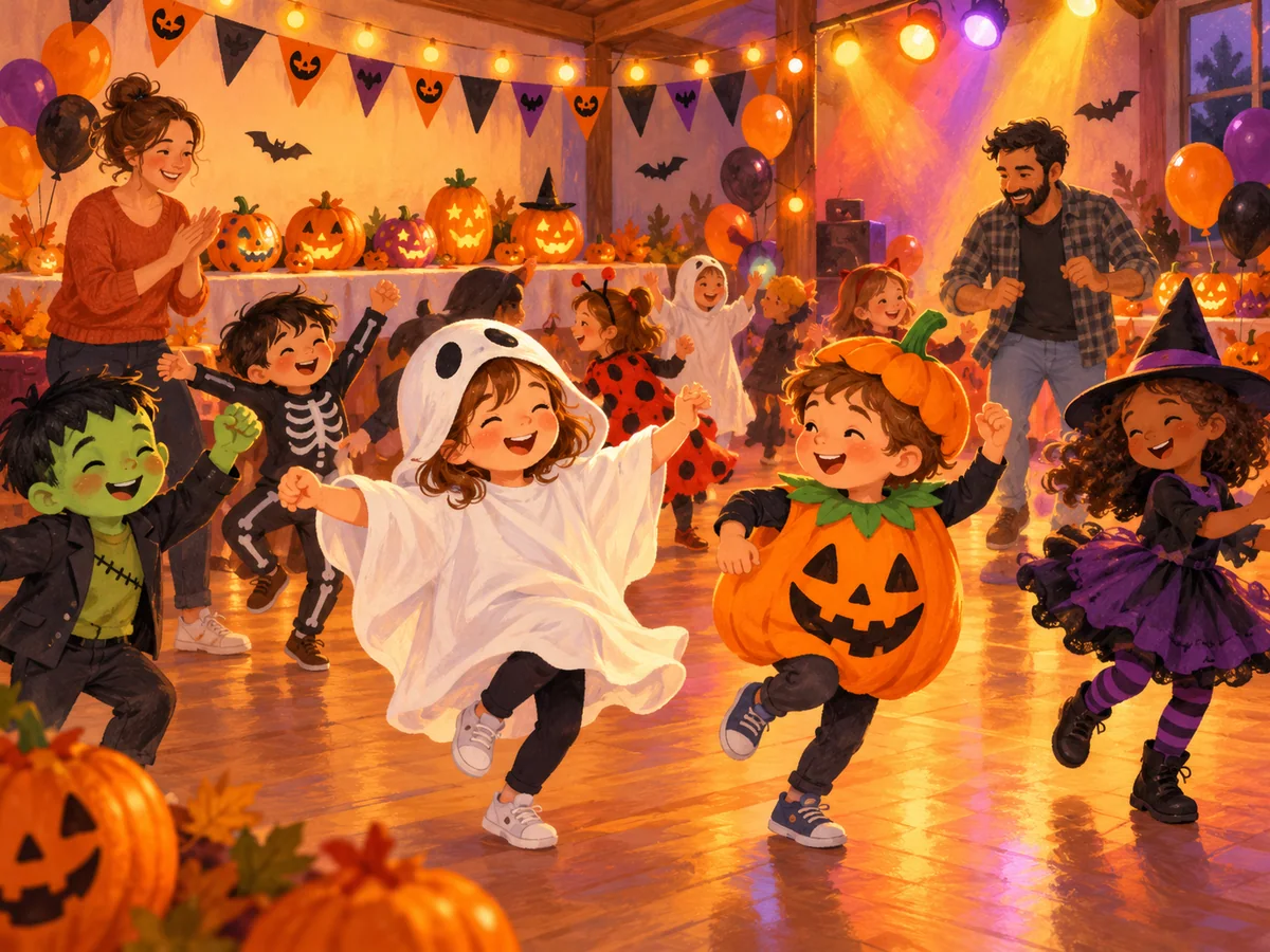 Illustration d’une boum d’Halloween avec enfants déguisés et citrouilles décorées