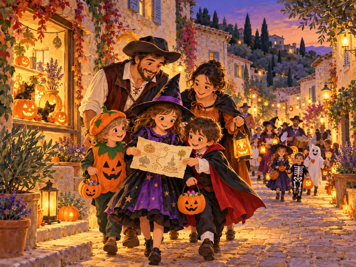 Illustration d’un jeu de piste et d’un défilé costumé dans un village provençal