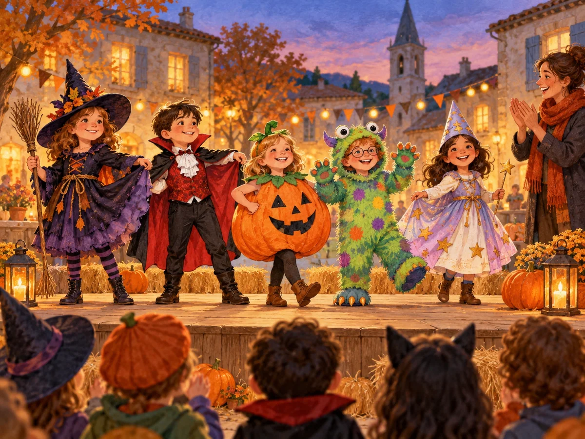 Illustration d’un concours de costumes d’Halloween pour enfants sur une place de village