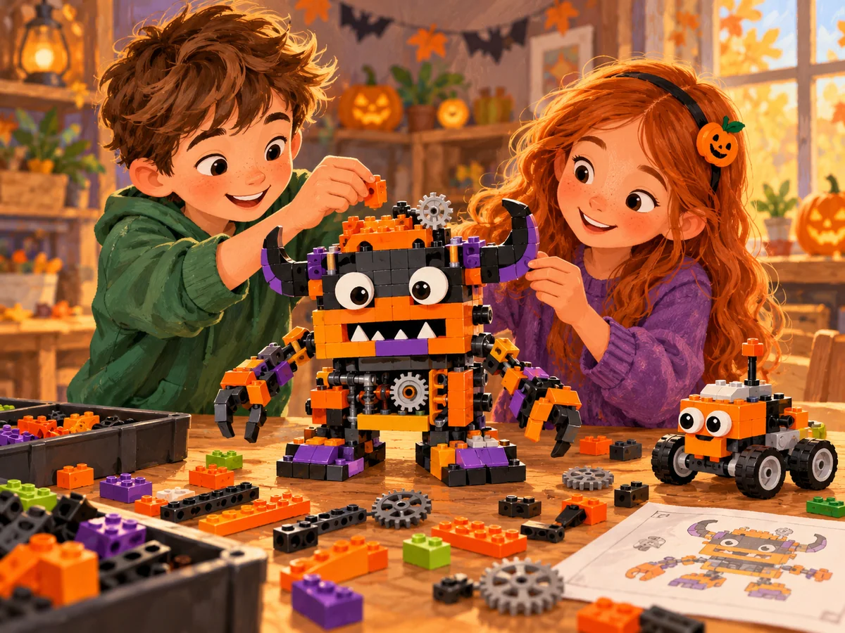 Illustration d’enfants construisant un monstre et un robot en briques pour Halloween