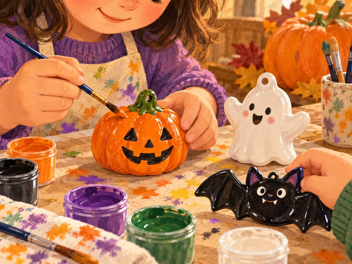 Illustration d’un atelier de peinture sur céramique : citrouille, fantôme et chauve-souris