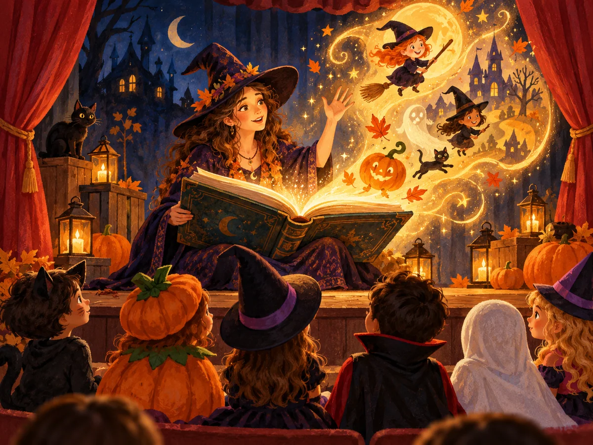 Illustration d’une conteuse présentant un grimoire magique à des enfants déguisés