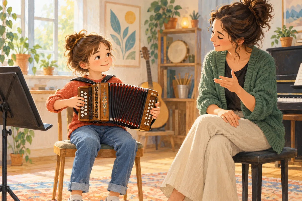 Illustration : Enfant découvrant l’accordéon avec un professeur.