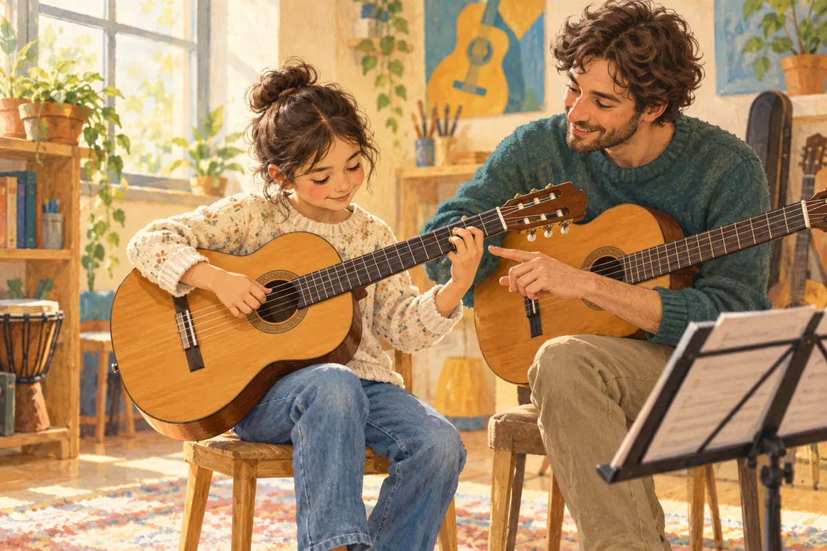 Illustration : Enfant pratiquant la guitare acoustique avec un professeur.