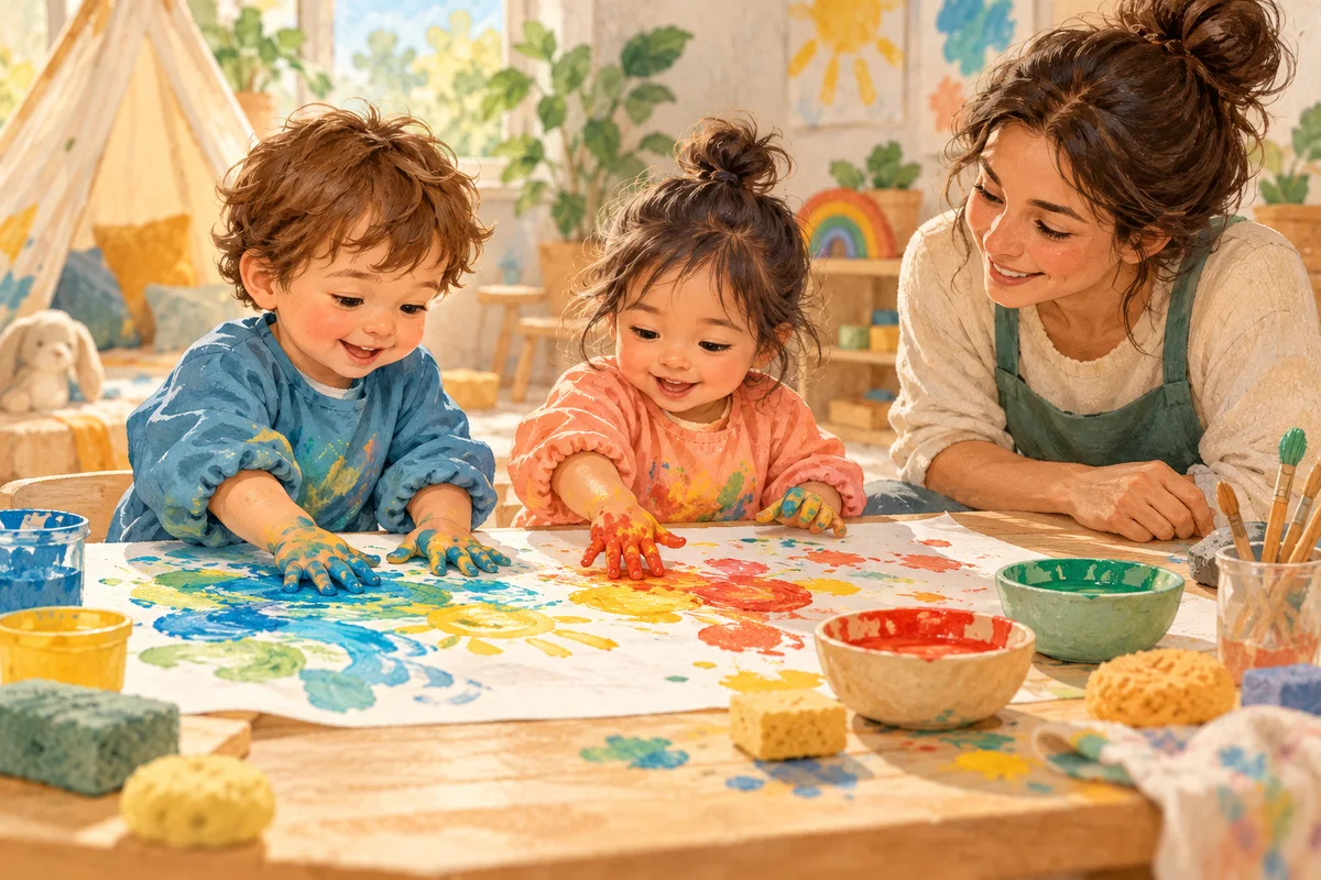 Illustration : Tout-petits explorant les couleurs et les matières avec un adulte.