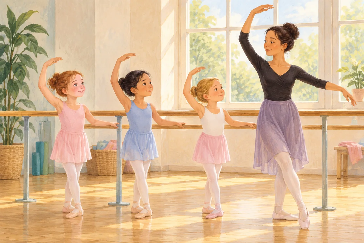 Illustration : Enfants découvrant les mouvements de danse classique avec une professeure.