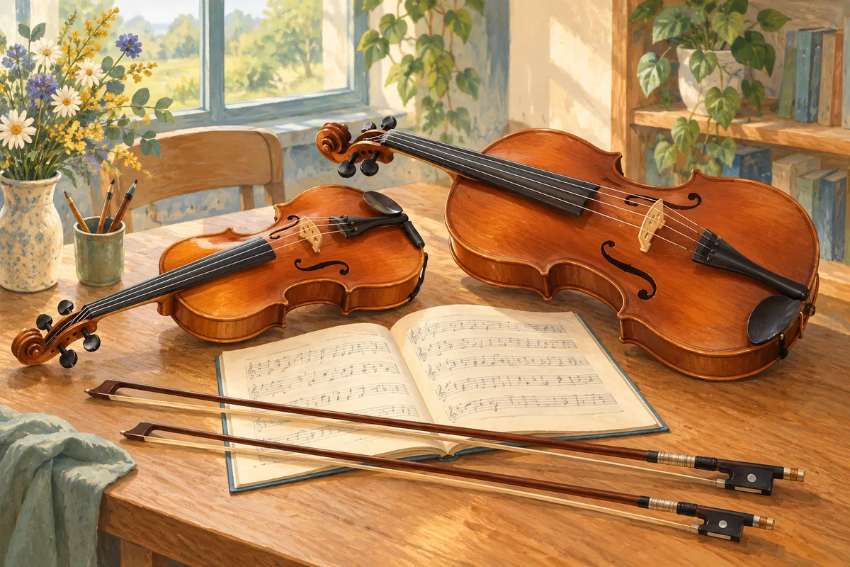 Illustration : Illustration de violon, alto et archets pour l’apprentissage instrumental.