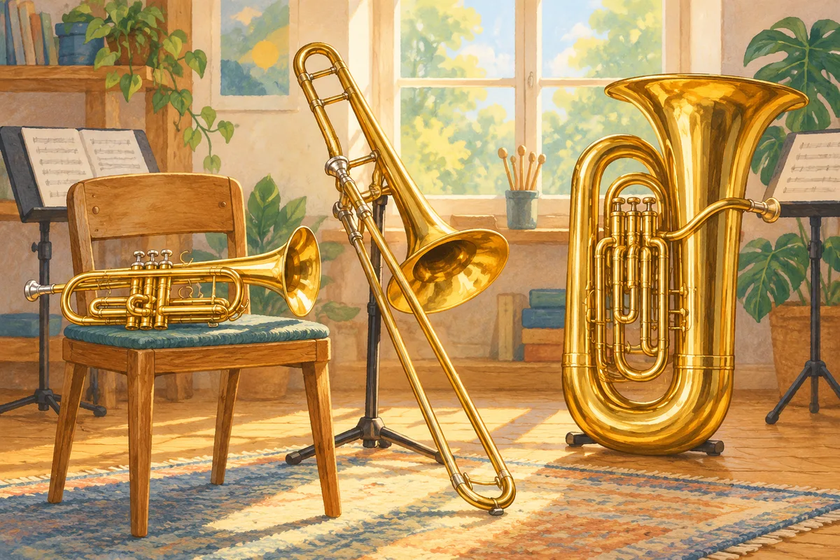 Illustration : Trompette, trombone et tuba pour les cours de cuivres.