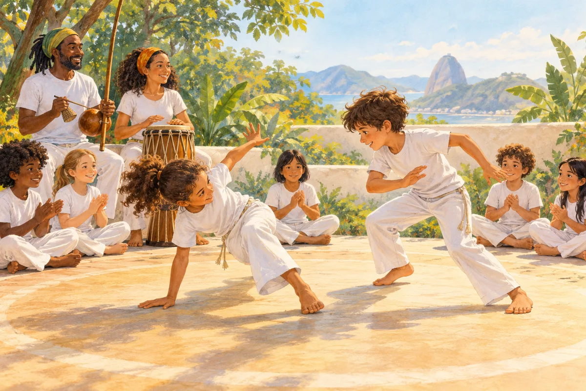 Illustration : Enfants découvrant les mouvements et la musique de la capoeira.