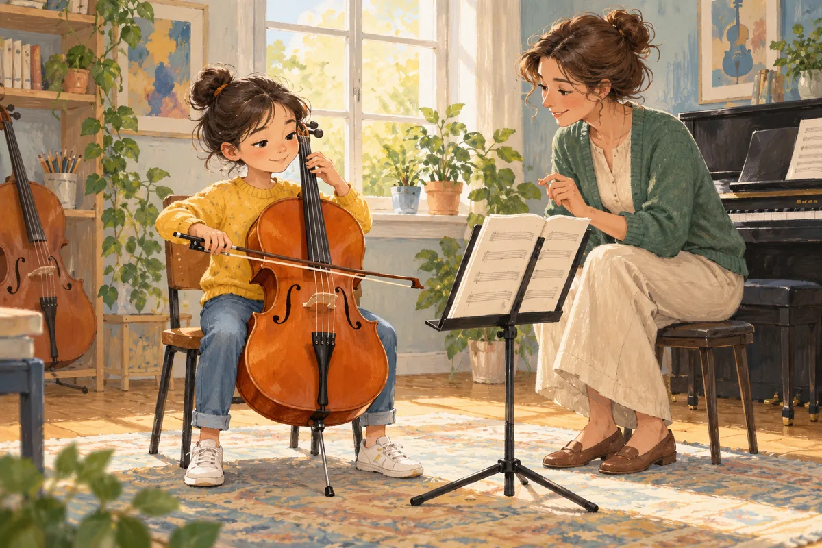 Illustration : Enfant apprenant le violoncelle avec un professeur.