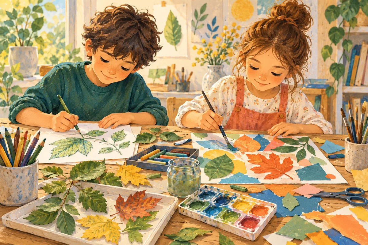Illustration : Deux enfants dessinent et peignent autour d’une table d’arts plastiques.