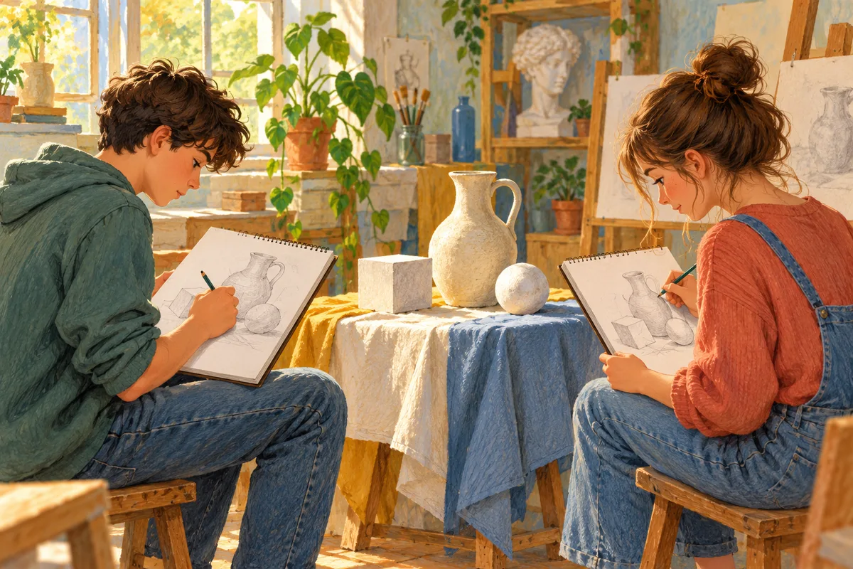 Illustration : Deux adolescents pratiquent le dessin d’observation.