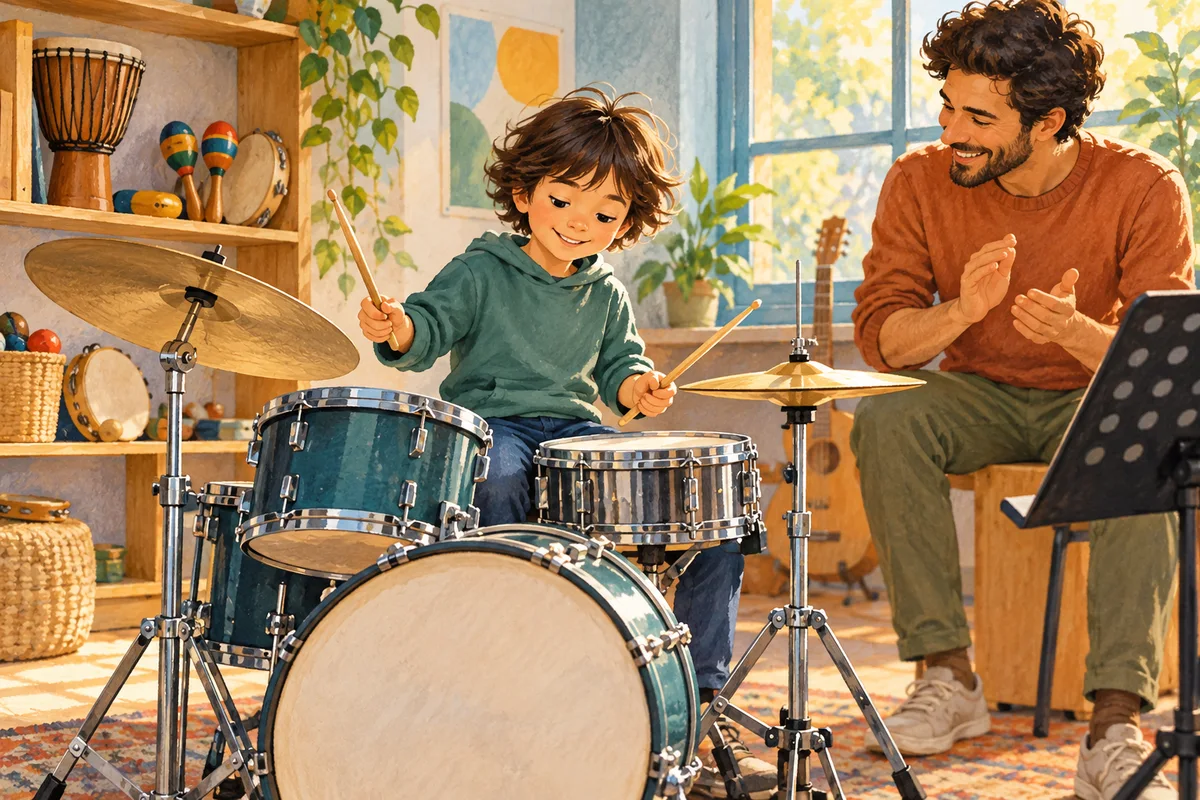 Illustration : Enfant découvrant la batterie et les percussions.
