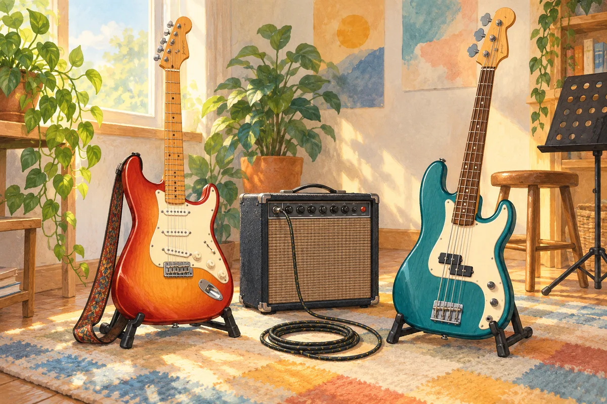 Illustration : Guitare électrique, basse et amplificateur dans un espace musical illustré.