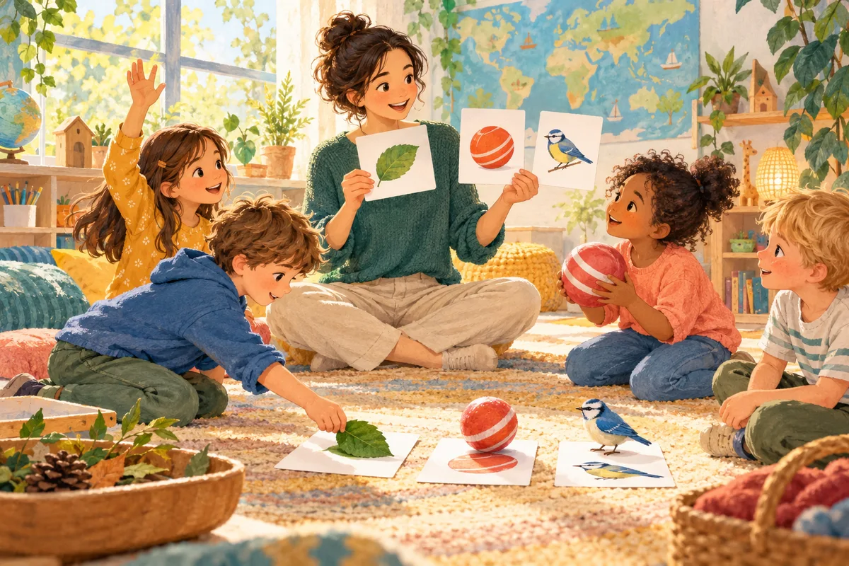 Illustration : Atelier ludique de découverte des langues avec images et objets.