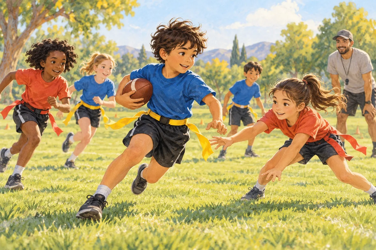 Illustration : Jeunes pratiquant le flag football avec ceintures à fanions.
