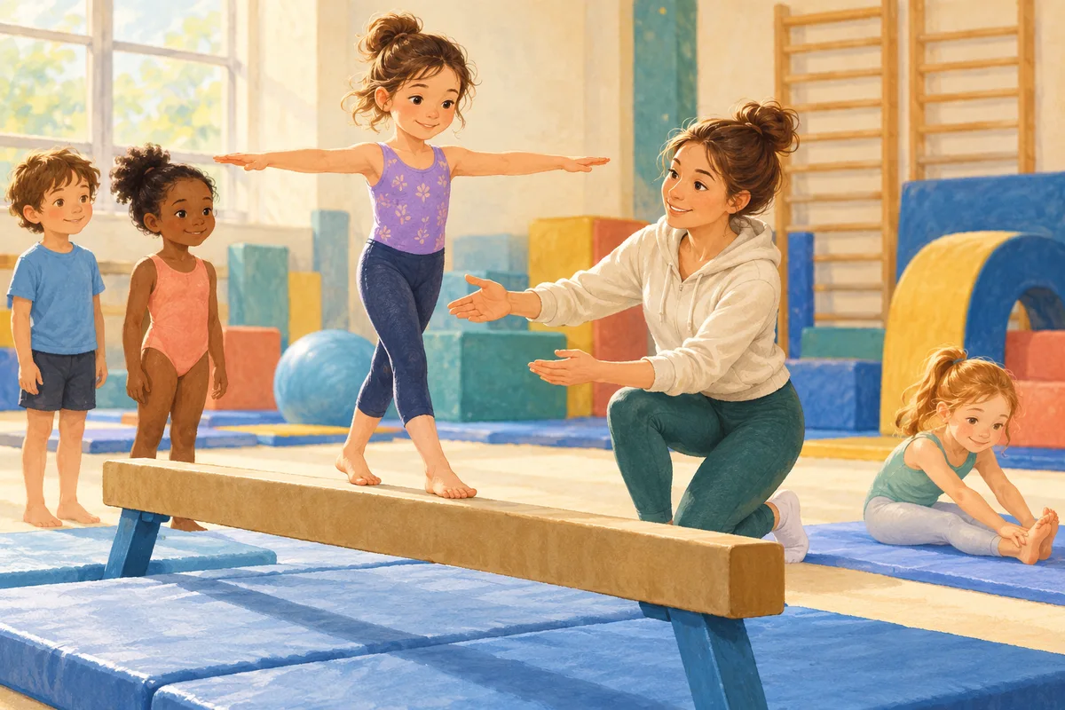 Illustration : Gymnastique sur une poutre basse et des tapis avec un encadrant.