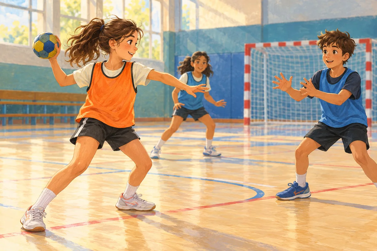 Illustration : Jeunes s’entraînant aux passes et au tir au handball.