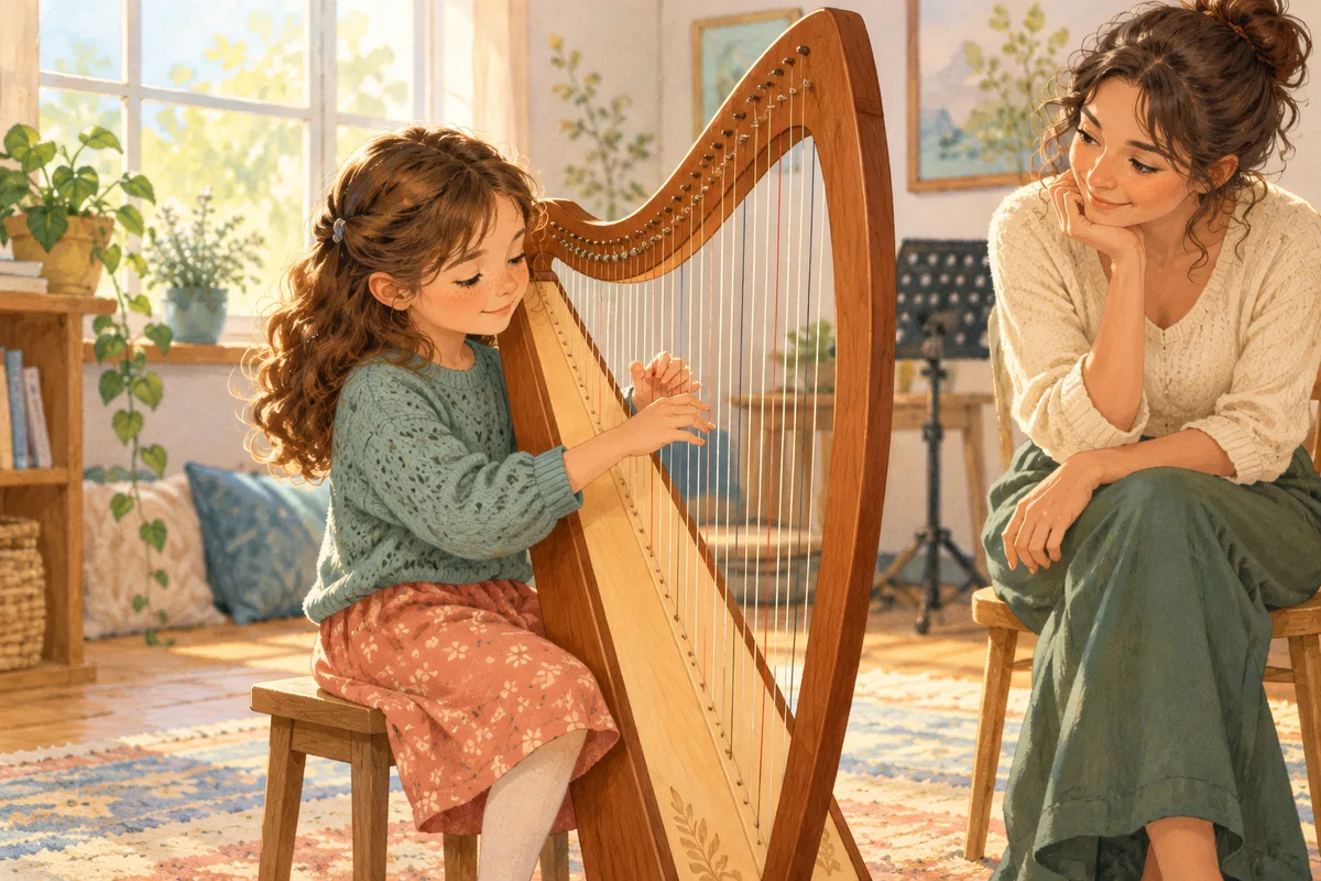 Illustration : Enfant découvrant la harpe dans un cours de musique illustré.