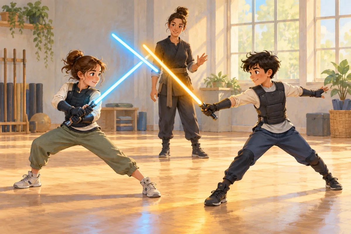 Illustration : Initiation sportive au sabre lumineux avec un encadrant.
