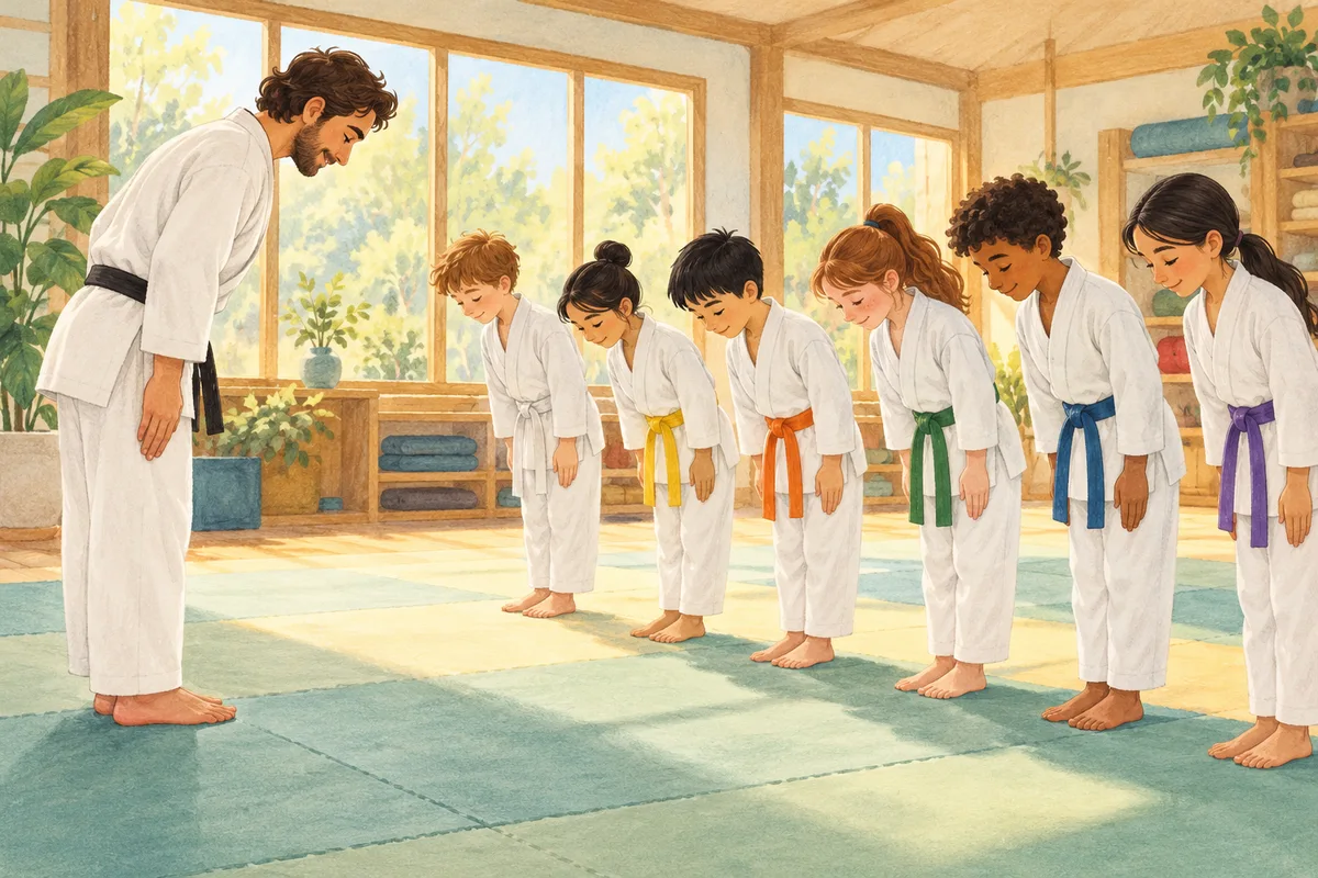 Illustration : Enfants et adolescents en initiation aux arts martiaux sur des tapis.