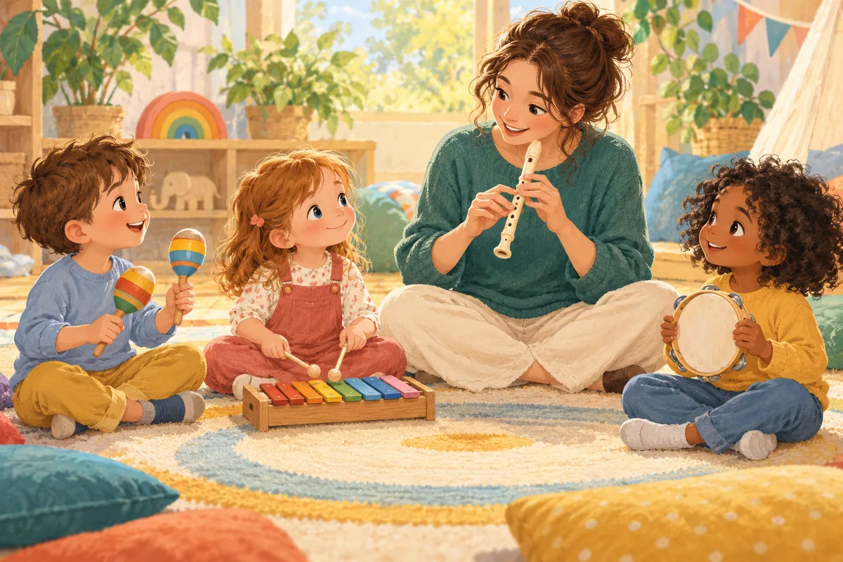 Illustration : Enfants découvrant le rythme et les instruments en petit groupe.