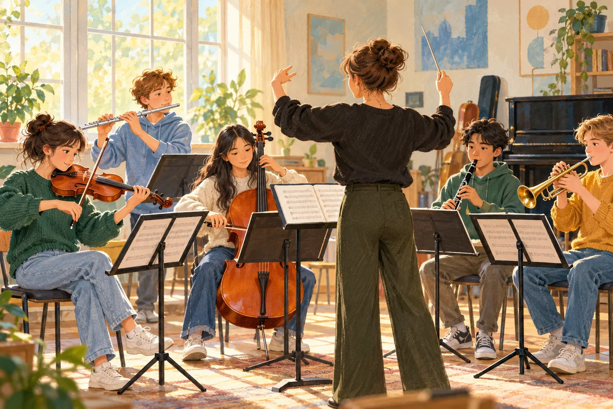 Illustration : Jeunes musiciens répétant en orchestre avec une cheffe.