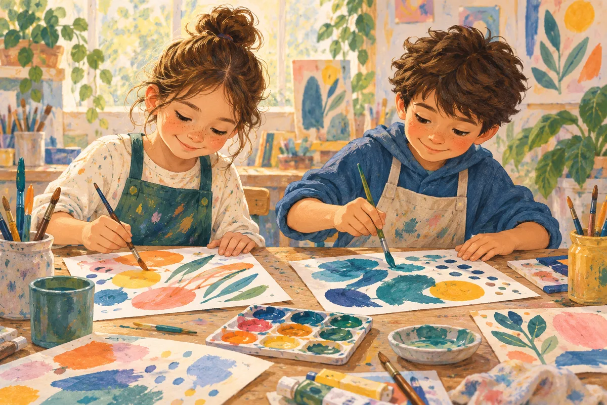 Illustration : Enfants explorant les couleurs et la peinture au pinceau.