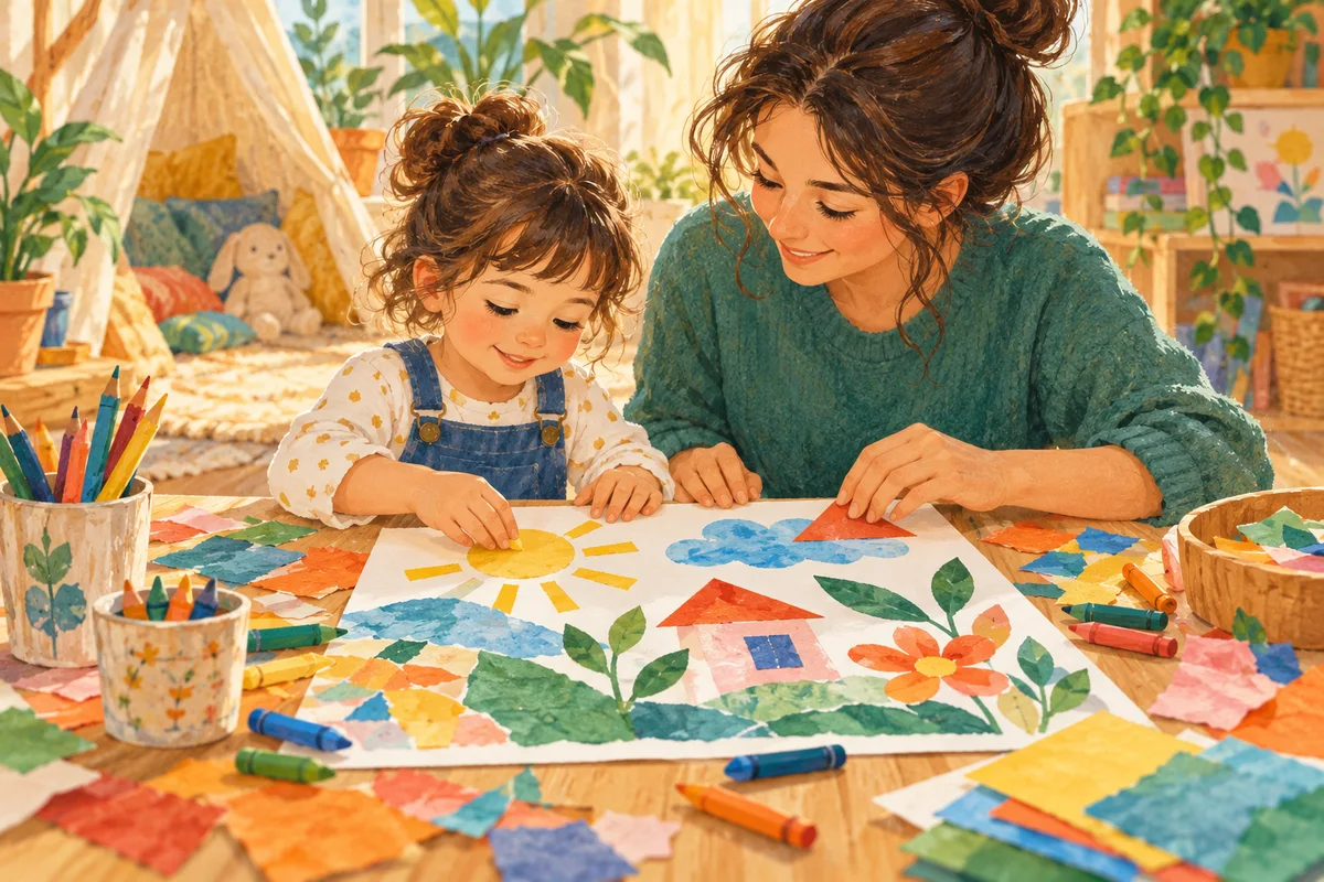 Illustration : Un parent et son enfant réalisent un collage créatif.