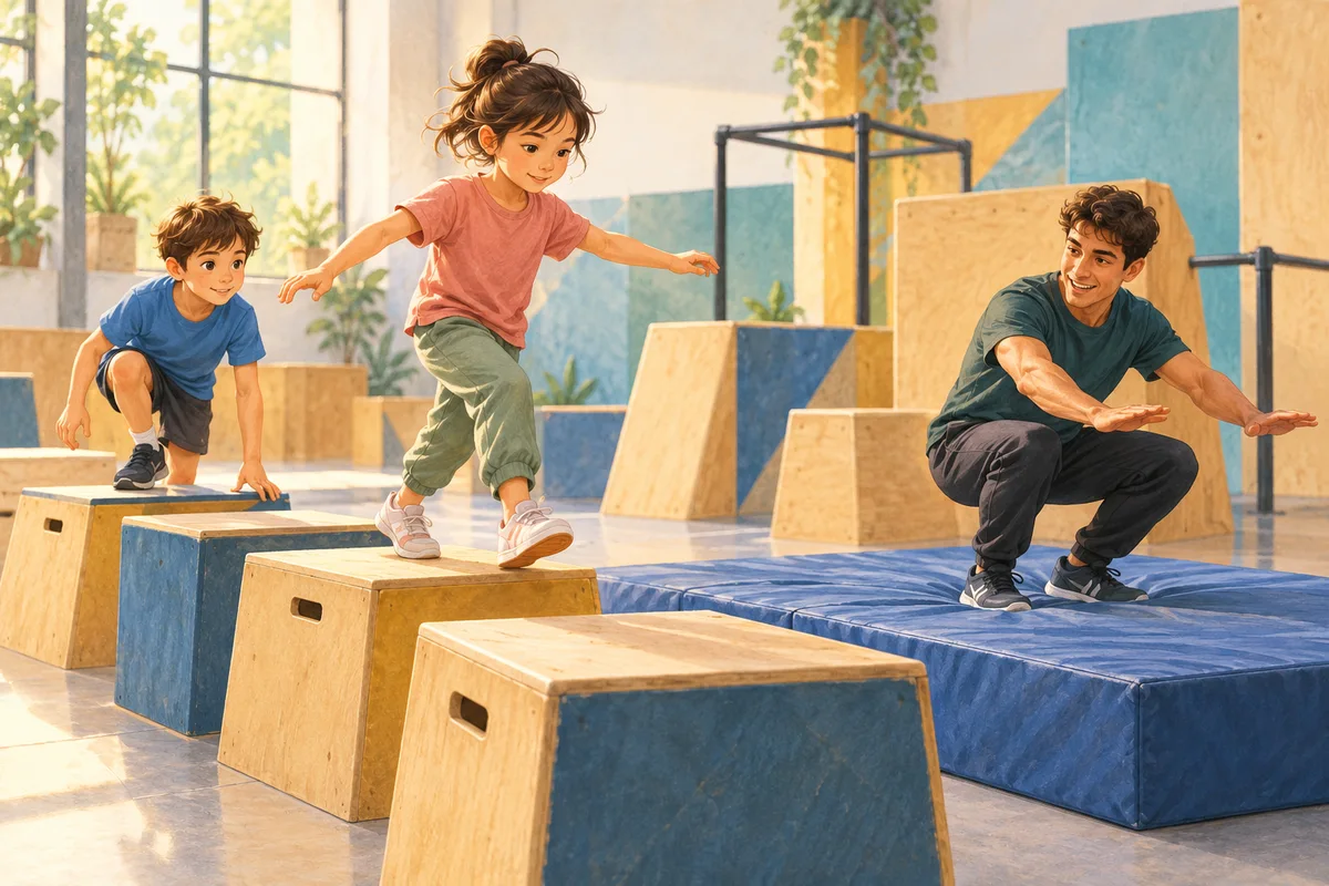 Illustration : Initiation au parkour sur des modules bas avec un encadrant.