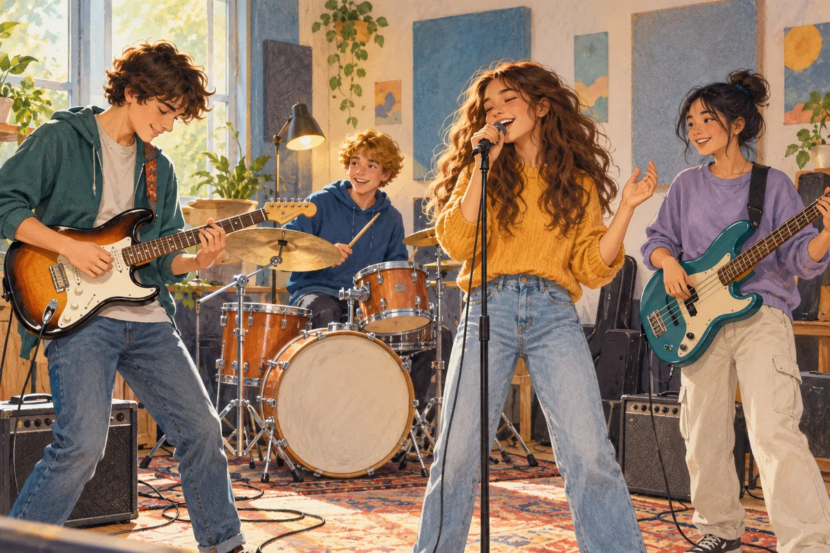 Illustration : Adolescents répétant ensemble dans un atelier pop-rock.