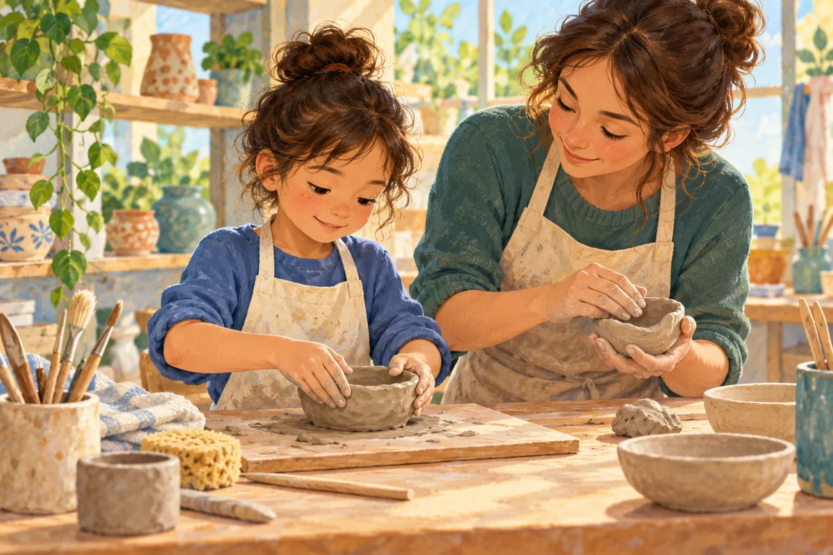 Illustration : Enfant modelant une petite pièce en argile avec une animatrice.