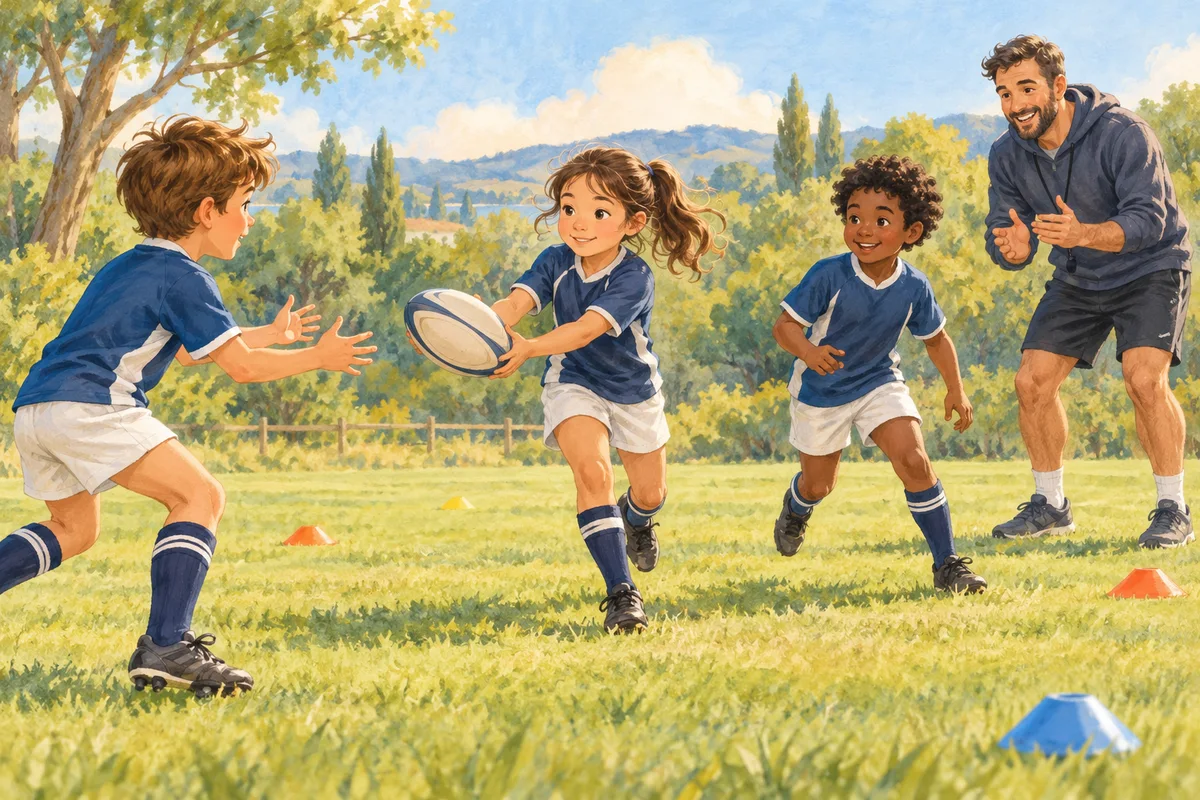 Illustration : Enfants s’exerçant aux passes avec un ballon de rugby.