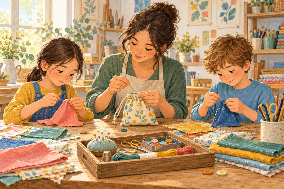 Illustration : enfants découvrant la couture avec une animatrice.