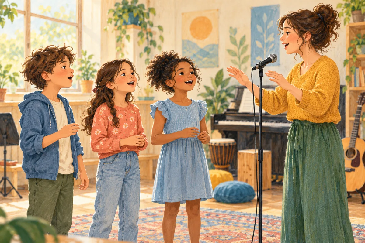 Illustration : Enfants travaillant le chant et l’écoute avec une animatrice.