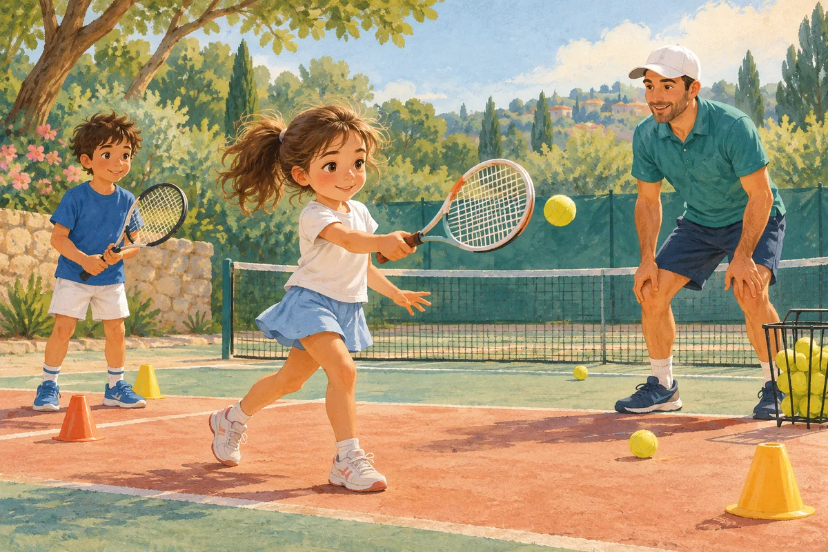 Illustration : Cours de tennis illustré avec raquettes junior et balles adaptées.