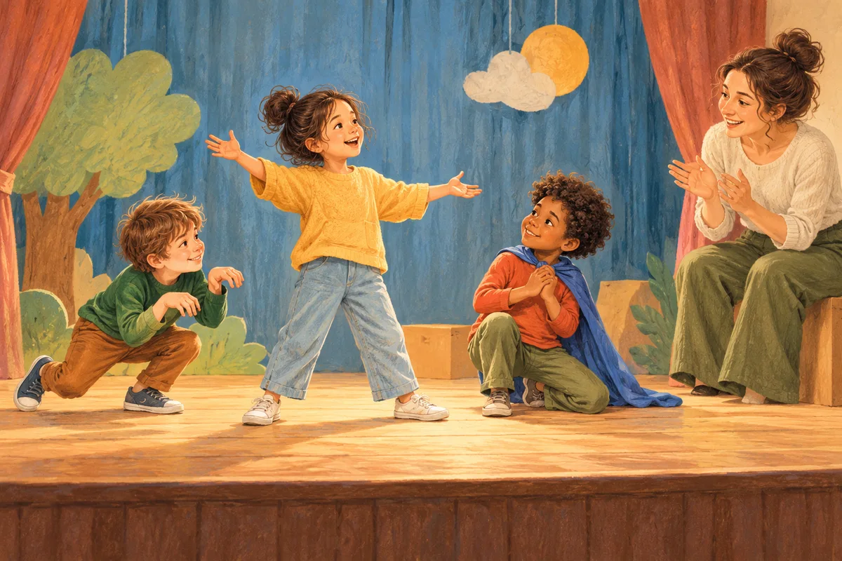 Illustration : Enfants découvrant le théâtre et l’improvisation.