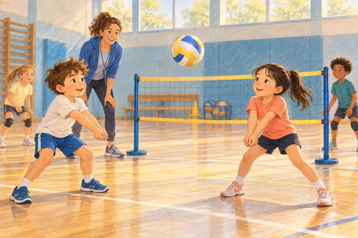 Illustration : Enfants découvrant les passes de volley avec un filet adapté.