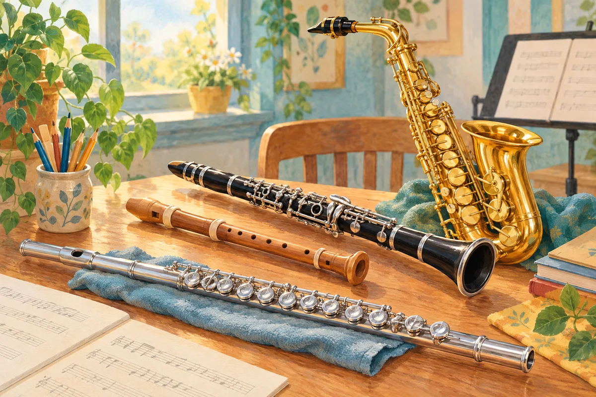 Illustration : Flûte traversière, flûte à bec, clarinette et saxophone illustrés.